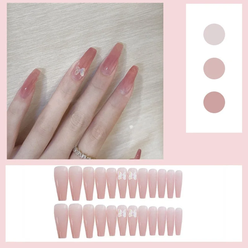 24Pcs Detachable Butterfly Rhinestone French Ballerina False Nails Artificial Coffin Full Cover Fake Nails With Glue Manicure-Nail Inspo