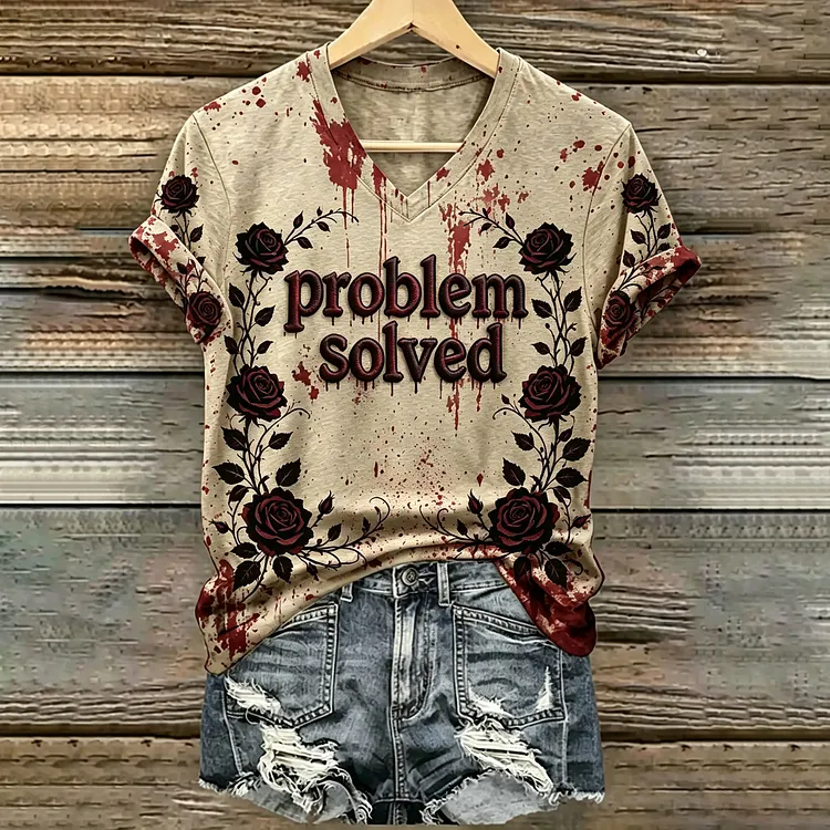 Women's Vintage Halloween Bloody Problem Solved With Rose Art Printed Short Sleeve T-shirt