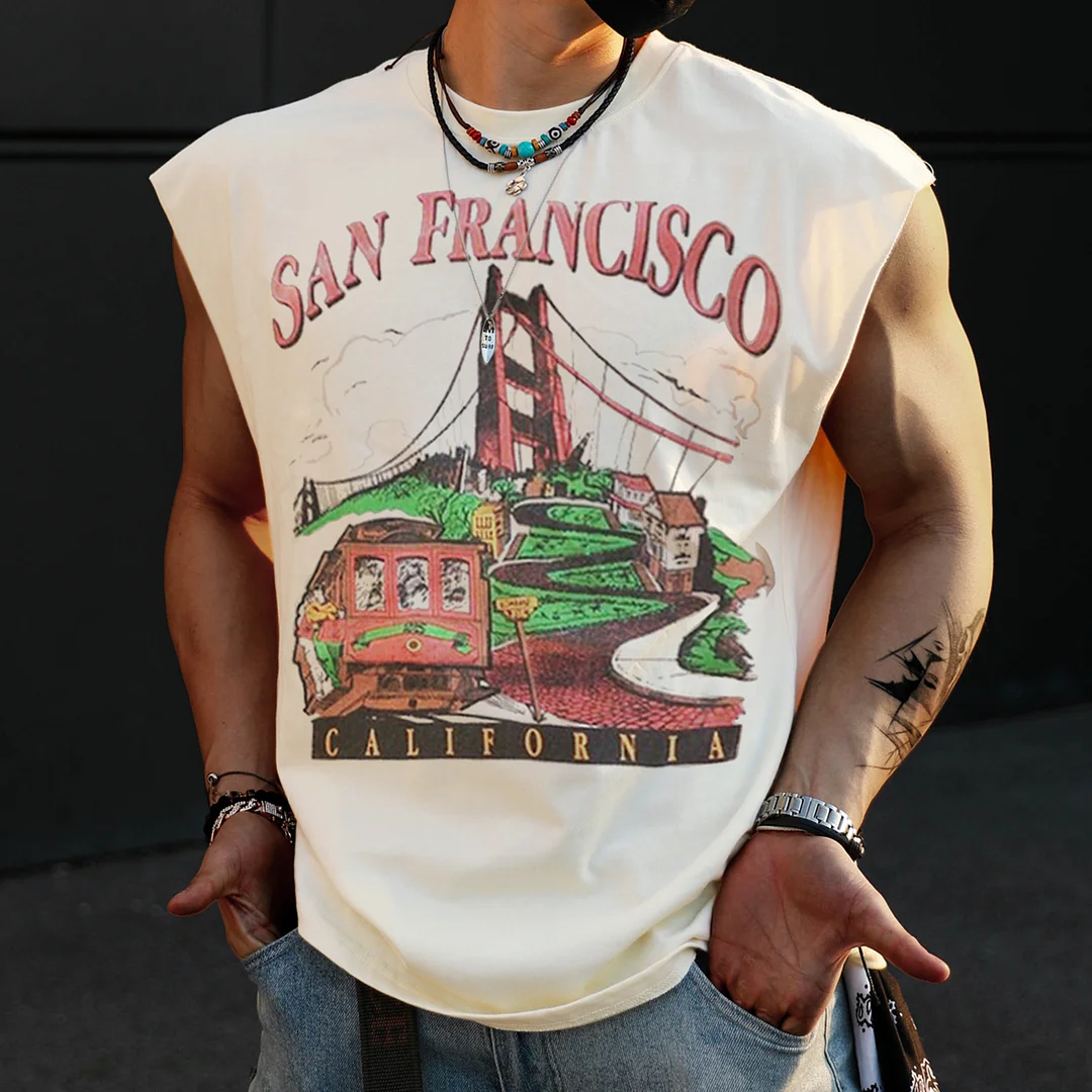 Retro Men's San Francisco Print Tank Top Oversized Sleeveless T-shirt、、URBENIE