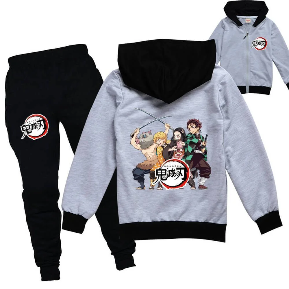 Demon Slayer Print Girls Boys Zip Up Hoodie And Joggers Hooded Suit