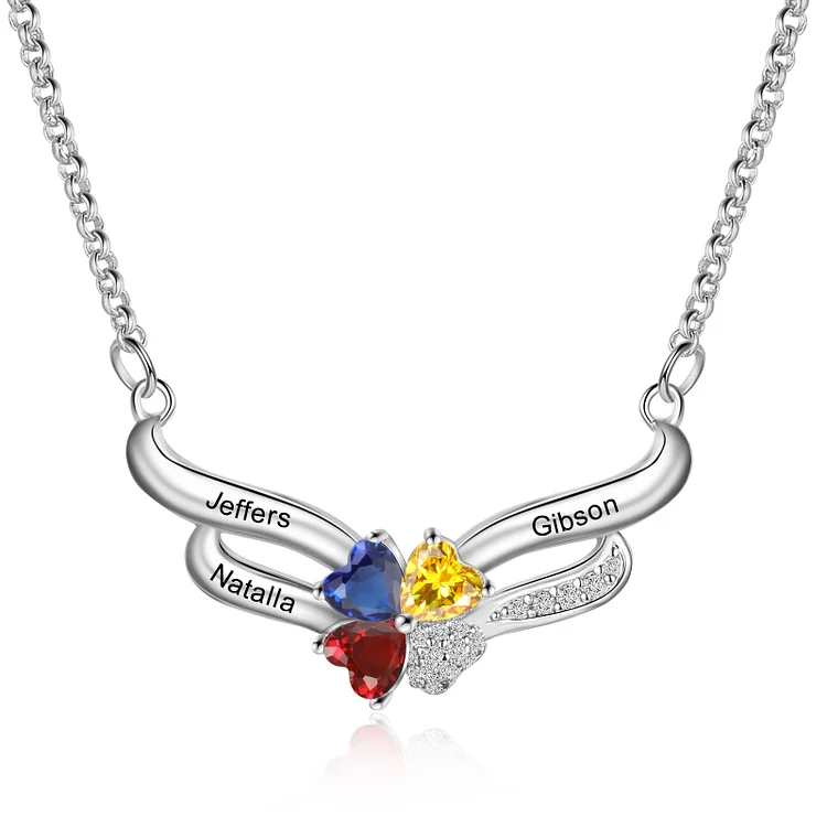 Personalized Wings Necklace Custom 3 Birthstones and Names Gifts for Her