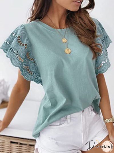 Women's T-Shirts Solid Crew Neck Lace Flare Sleeve T-Shirt