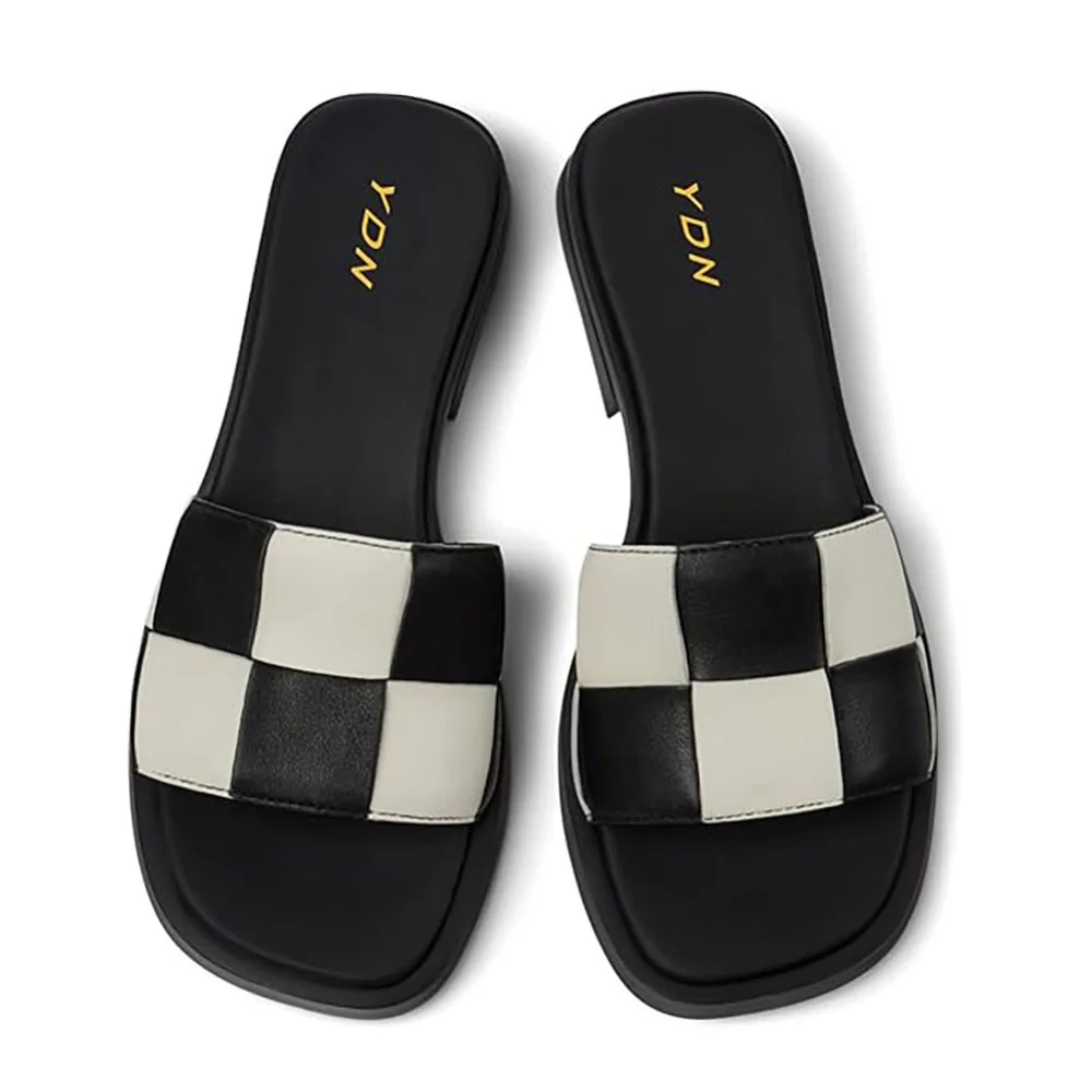 Black & White Patchwork Square Toe Slip On Sandals with Chunky Heel