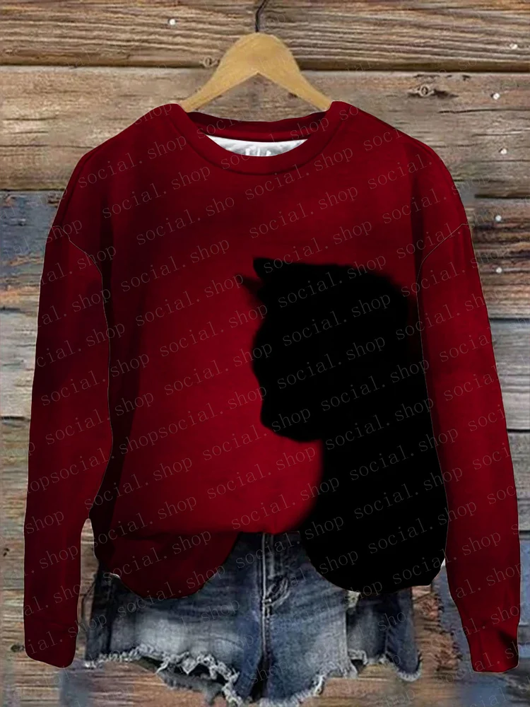 Women's Black Cat Gradient Red Print Crew Neck Sweatshirt socialshop