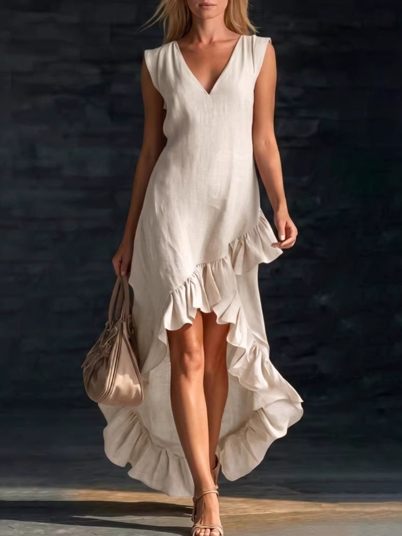 Sleeveless V-Neck Ruffle Hem High-Low Dress mysite idetrend