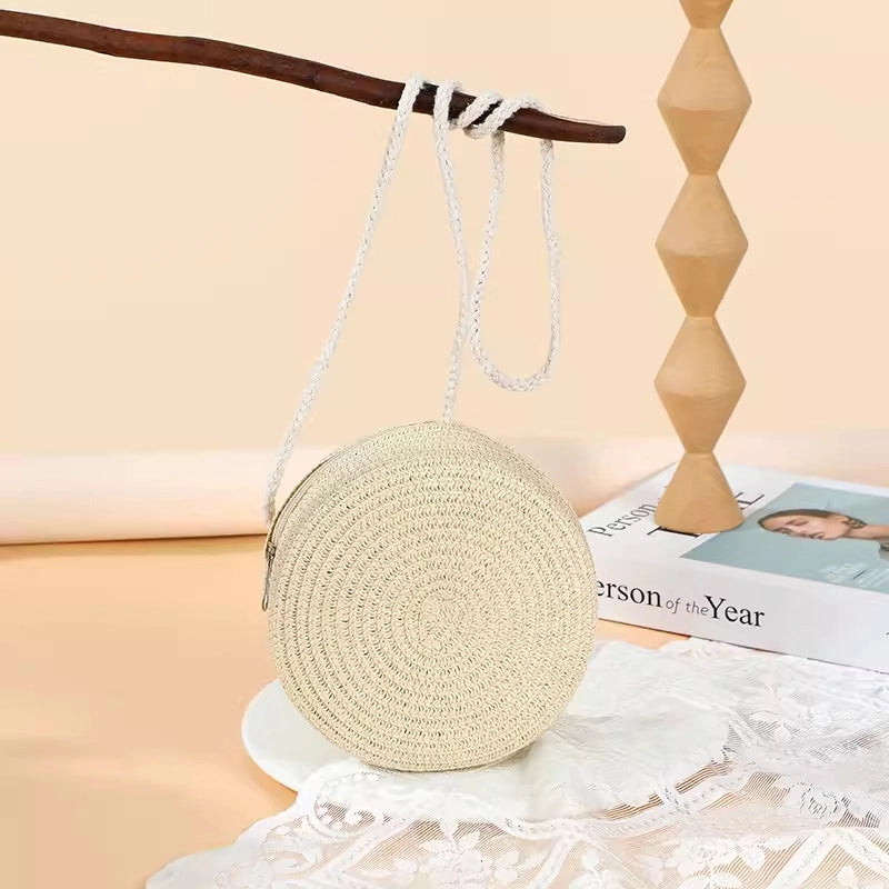 Girl’S Straw Solid Color Cute Round Zipper Shoulder Bag