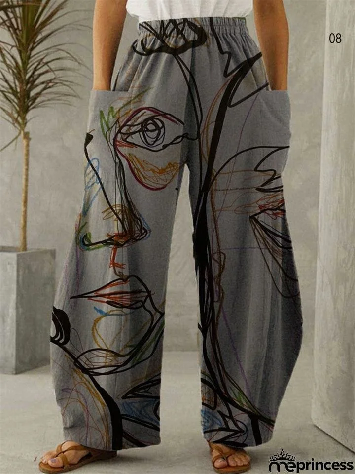 Female Retro Art Printed Loose Plus Size Elastic Waist Wide Leg Pants