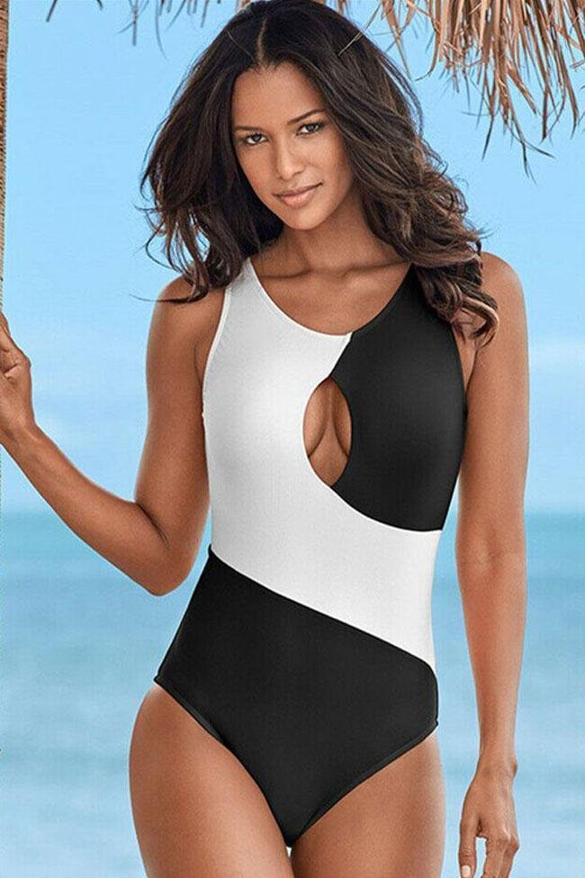 Contrast Cutout Front Round Neck One Piece Swimsuit-elleschic