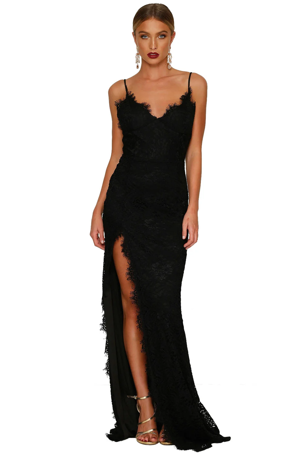 black lace split long prom dress