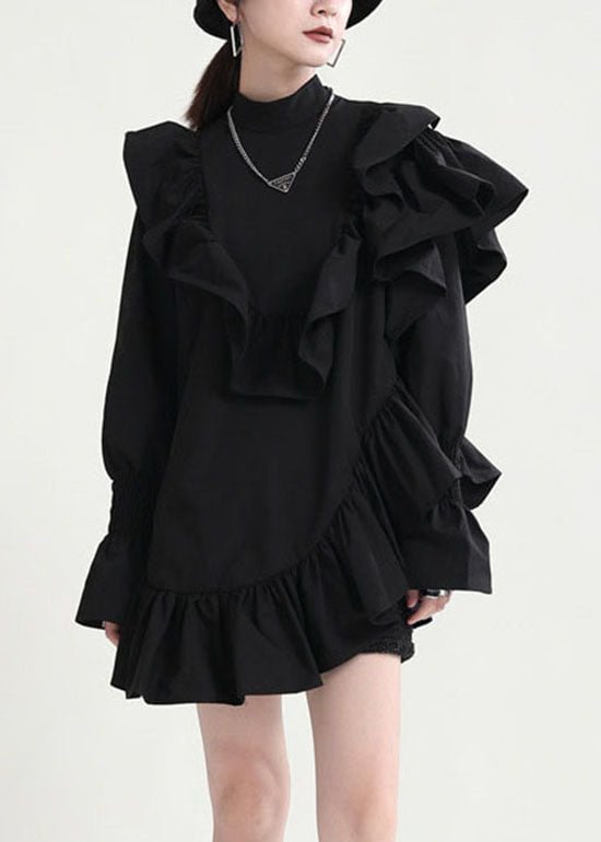 diy Black Stand Collar Asymmetrical Ruffled Dresses Spring CK1208- Fabulory