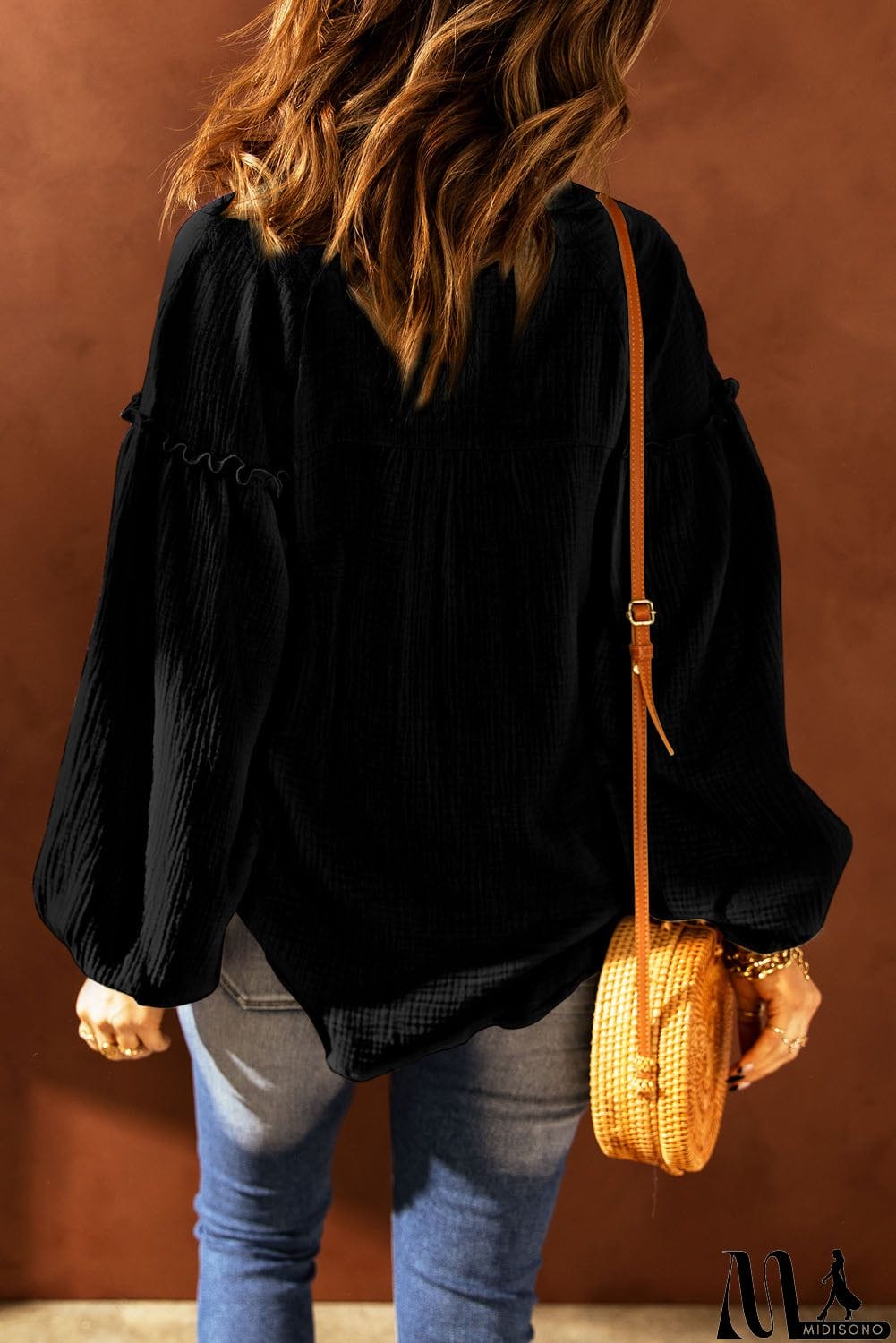 MidiSono - Black Casual Crinkled Blouse Top