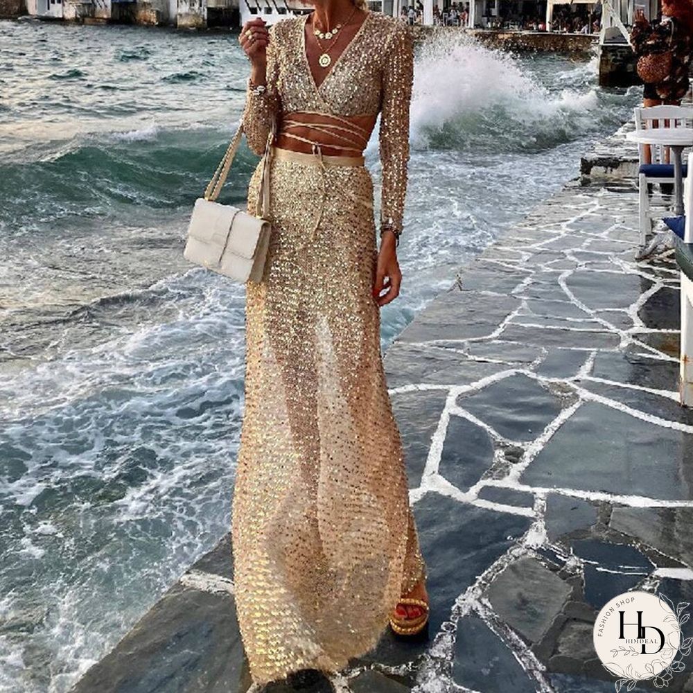 Spring Sequins Shiny Two-piece Suit Women Sexy Deep V Neck Bandage Crop Top And High Waist Skirts Set Autumn Slim Office Outfits