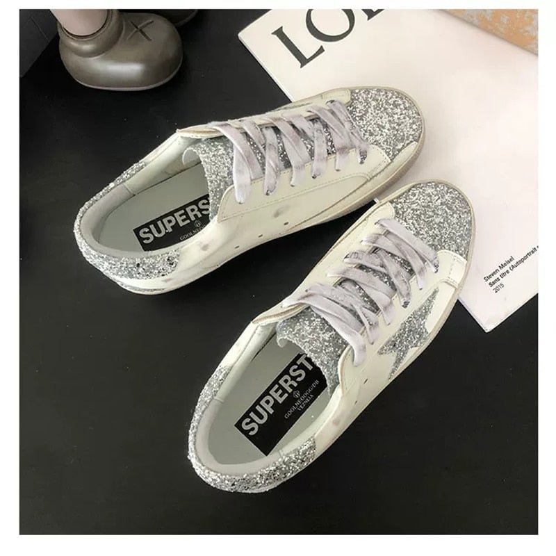 2021 new Korean version of leather, old silver sequined stars, women's board shoes, dirty shoes, trendy shoes, casual shoes