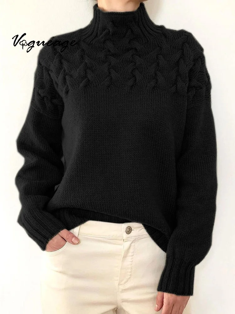 Fashion Cable Knit Detail Turtleneck Long Sleeve Sweater