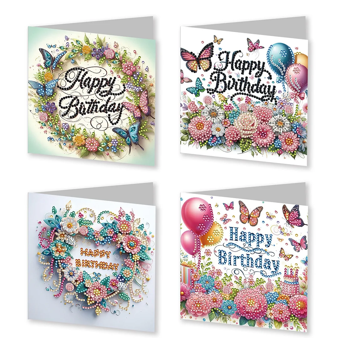 4Pcs Happy Birthday DIY Diamond Painting Card for Friends Family Gift