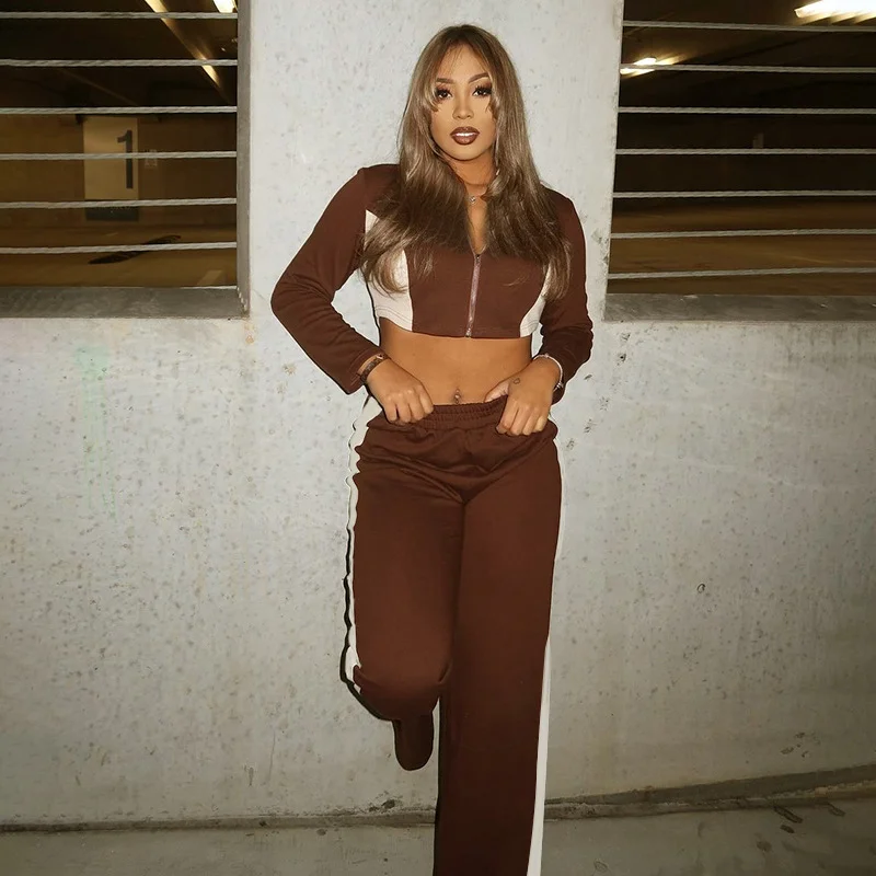 Uveng Uveng Women's Autumn And Winter Bumpy Short-D Waist Clip Zipper Tight Waist Straight Trousers Set