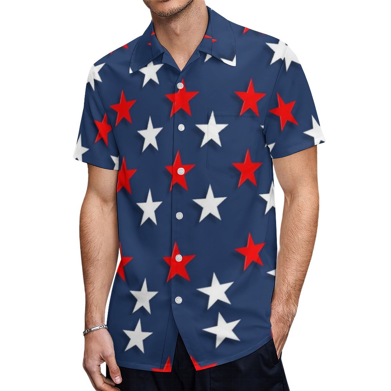 Stars Red White Blue Patriotic 4Th July Hawaiian Shirt Mens Button Down Plus Size Tropical Hawaii Beach Shirts