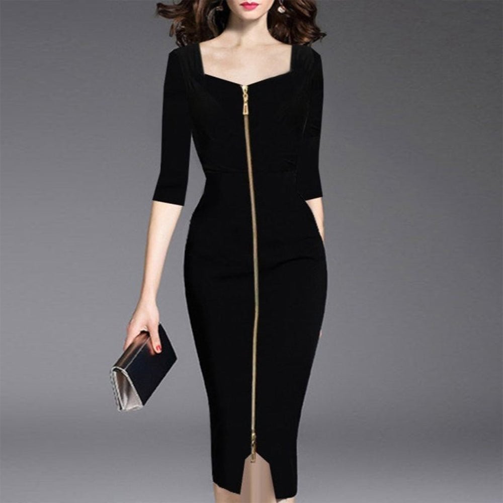 Elegant Black V-Neck Bodycon Midi Dress