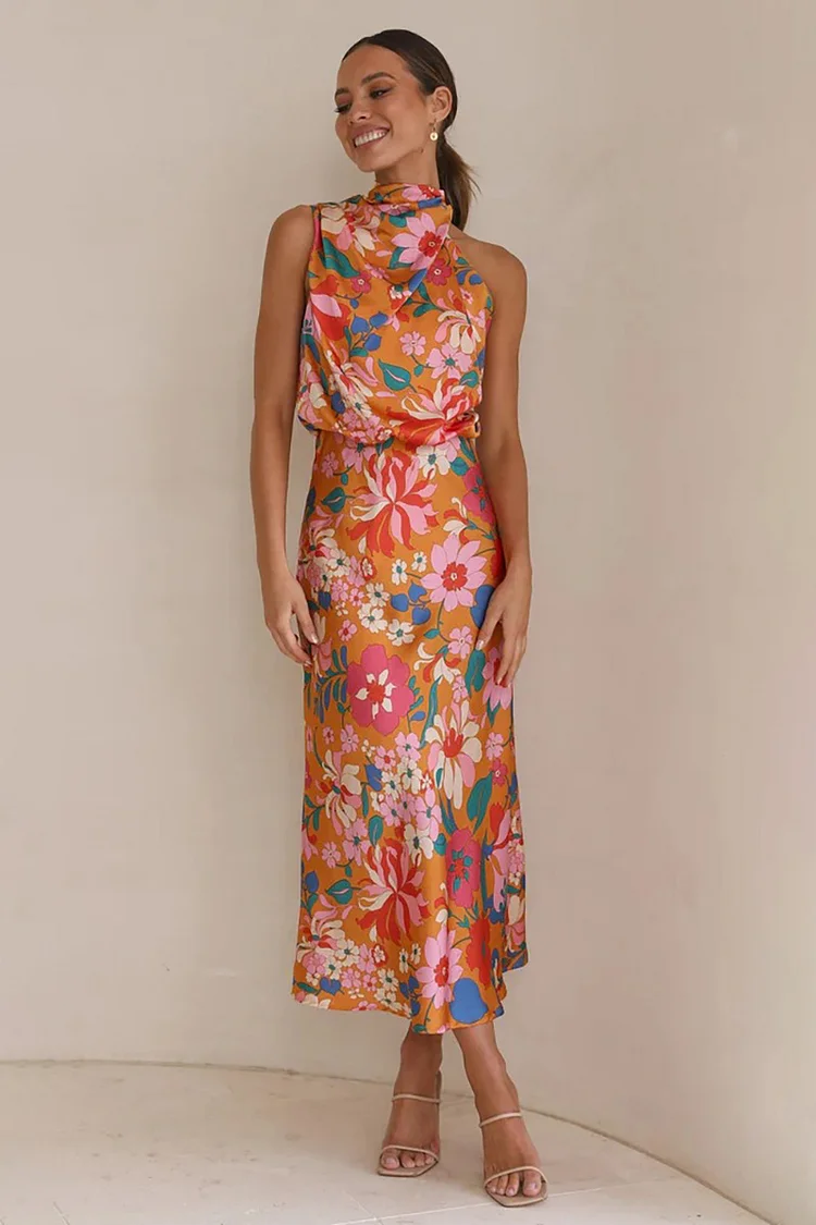 High Neck Vacation Floral Print Backless Sleeveless Knotted Midi Dress