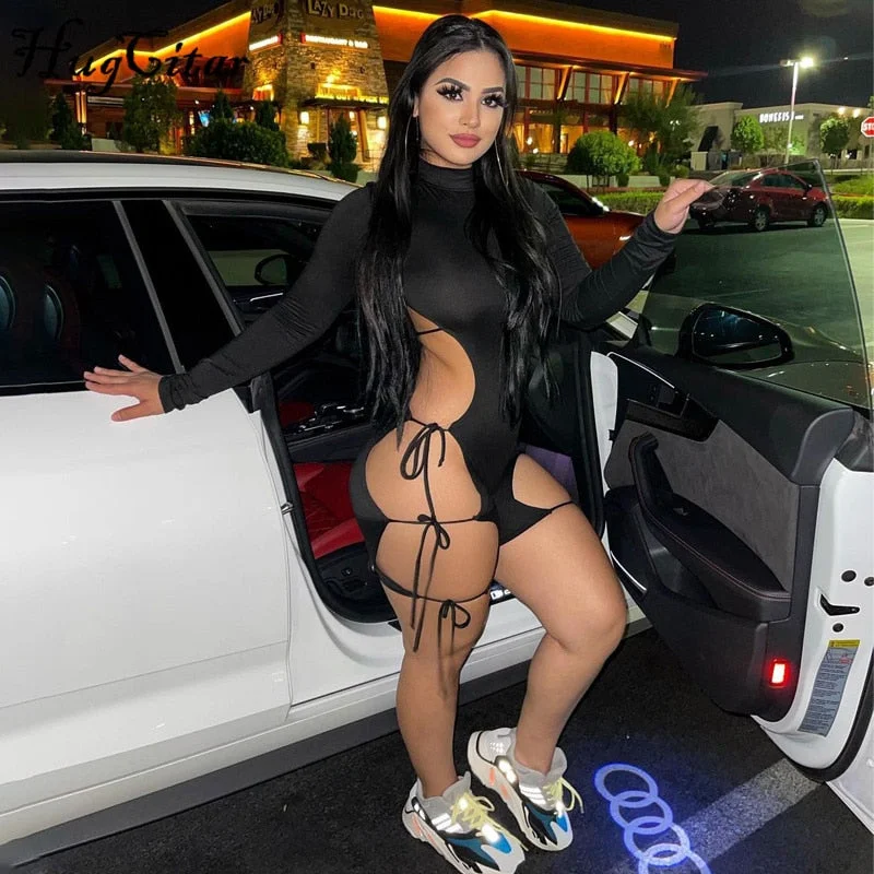 Hugcitar Solid Long Sleeves O Neck Cut Out Drawstrings Bandage Playsuit 2021 Summer Fall Bodycon Sexy Party Club Elegant Y2K