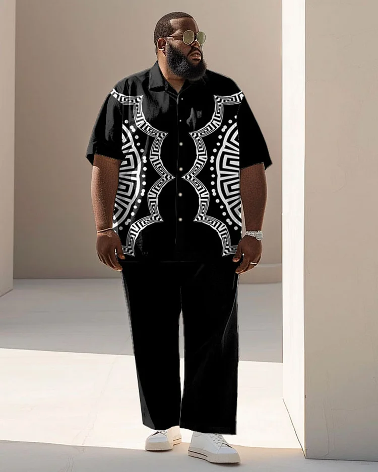 Men's Plus Size Business Simple Greek Round Floral Print Short Sleeve Shirt Suit