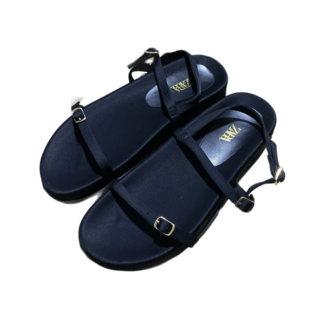 Breakj Breakj Autumn New Square Head Silk And Satin Fabric With A Shallow Flat Bottom Casual Buckle Roman Cool Slippers