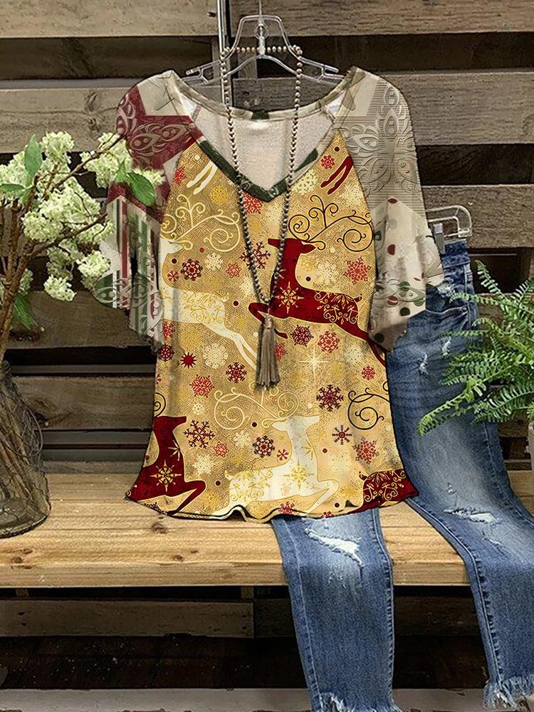 Women's Christmas Theme Deer Print V Neck Ruffle Sleeve Casual Tops