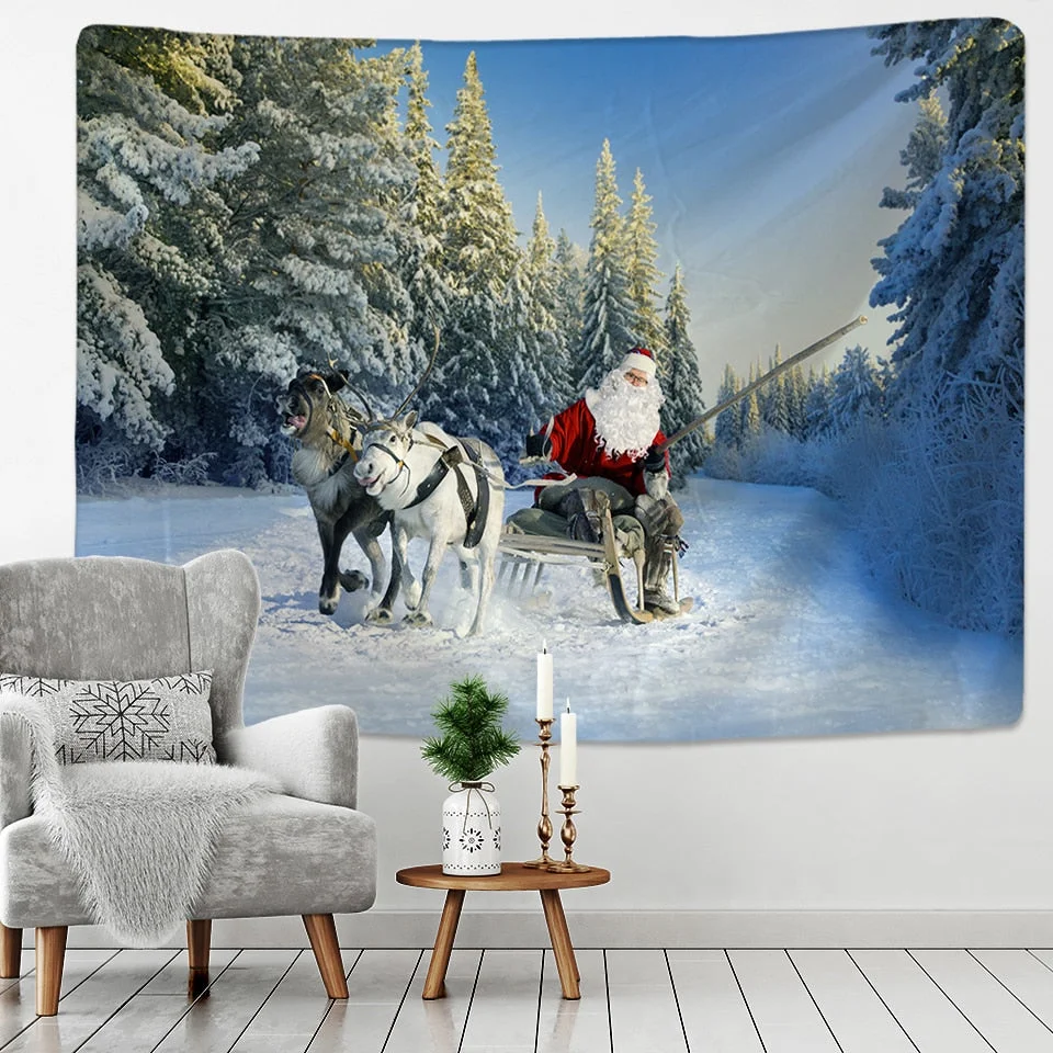 Xmas Art Wall Hanging Tapestry Santa Claus And Snow Christmas Deer Backdrop Home Room Decoration Gift