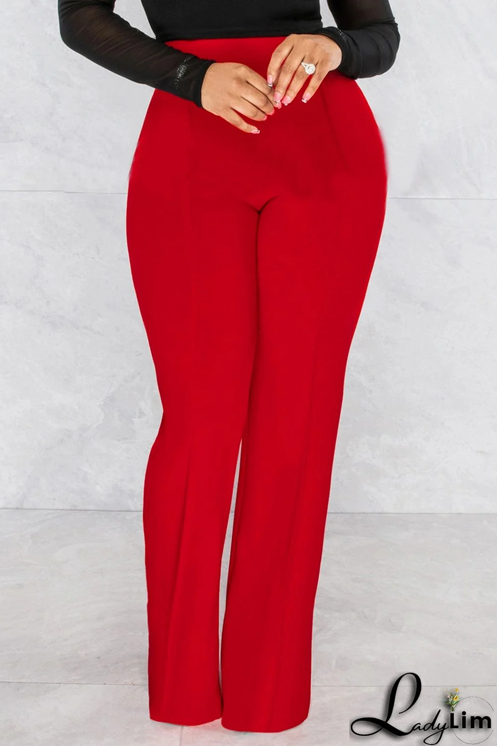 Red Fashion Casual Solid Basic Regular High Waist Trousers