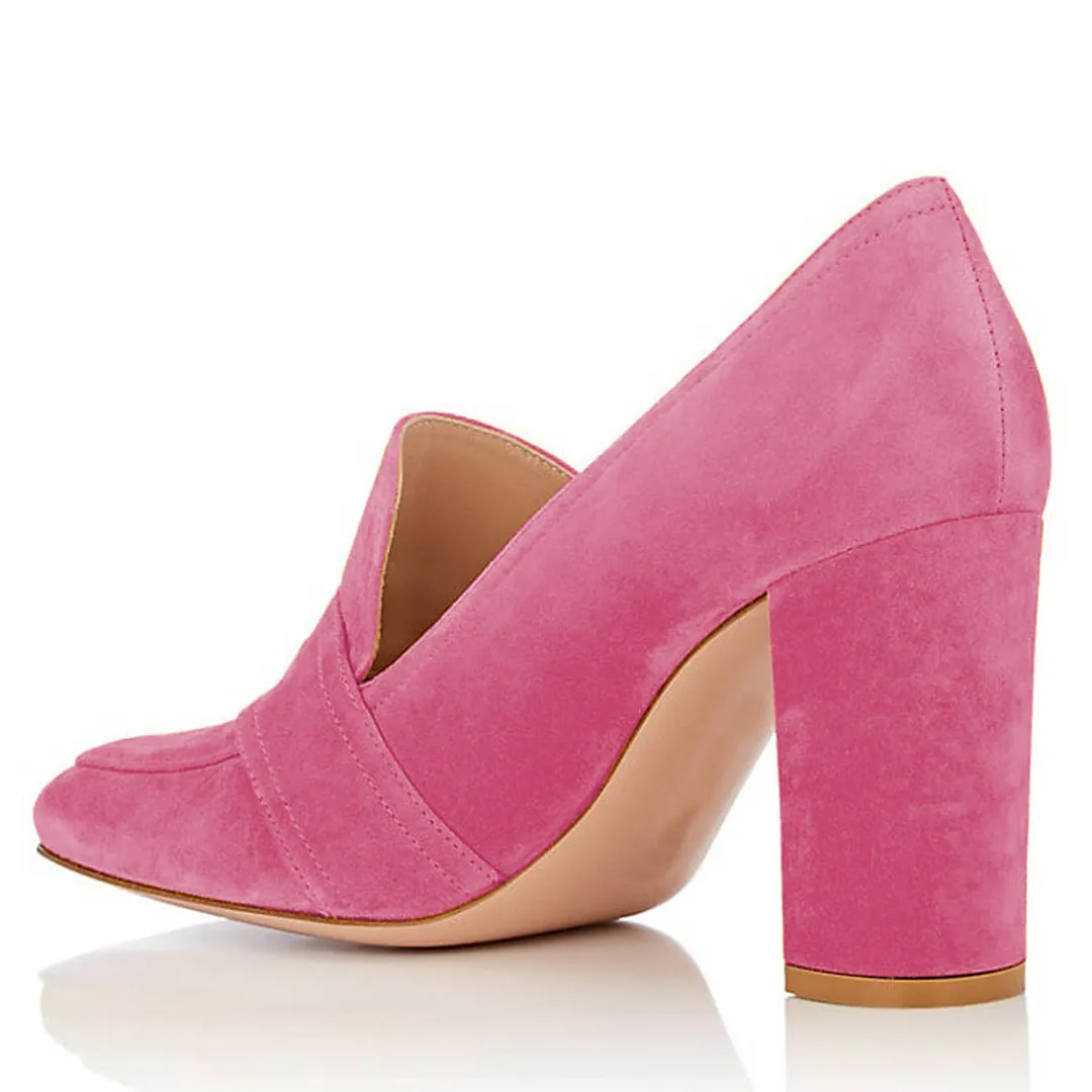 Hot Pink Square Toe Buckle Chunky Heeled Vegan Suede Loafers Women