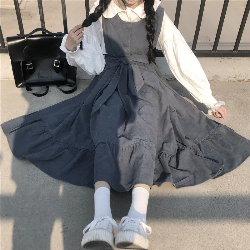 Summer Maxi Dresses Shirts For Women Casual 2021 Kawaii Fairy Clothes Long Sleeve Strap Dress Lolita Harajuku Cottagecore Robe