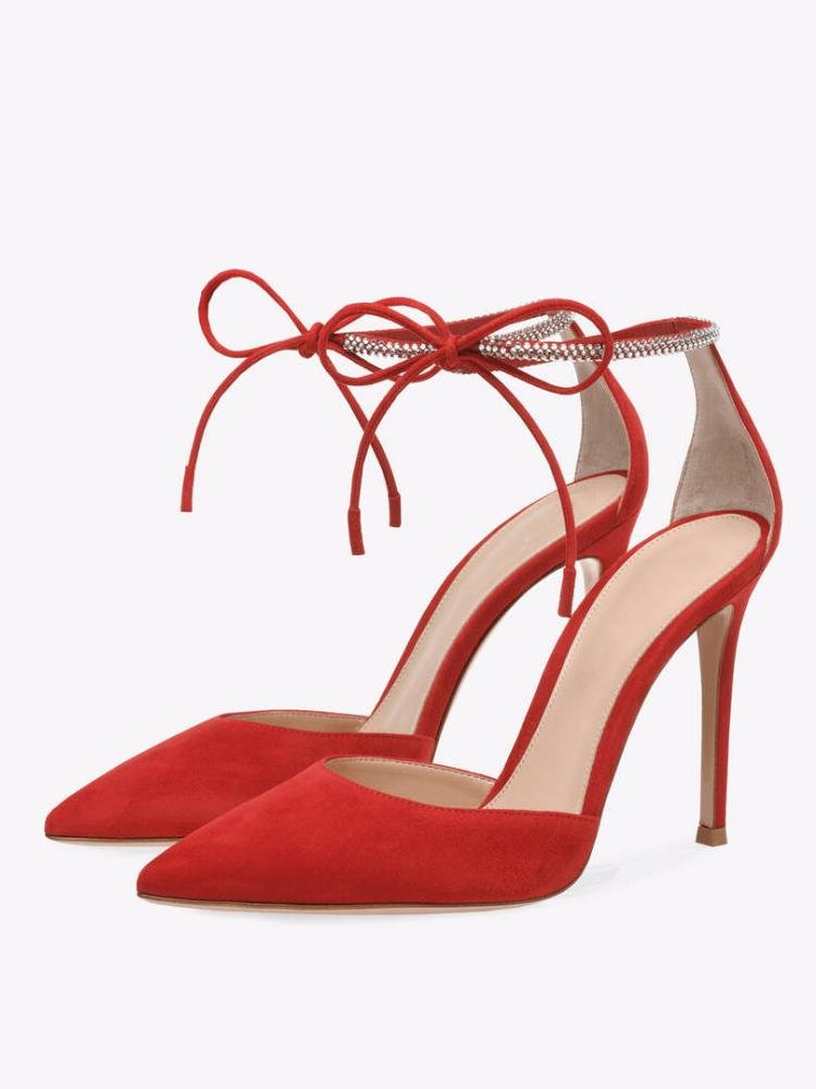Red Rhinestone Bow Ankle Tie Women Pumps For Wide Feet 