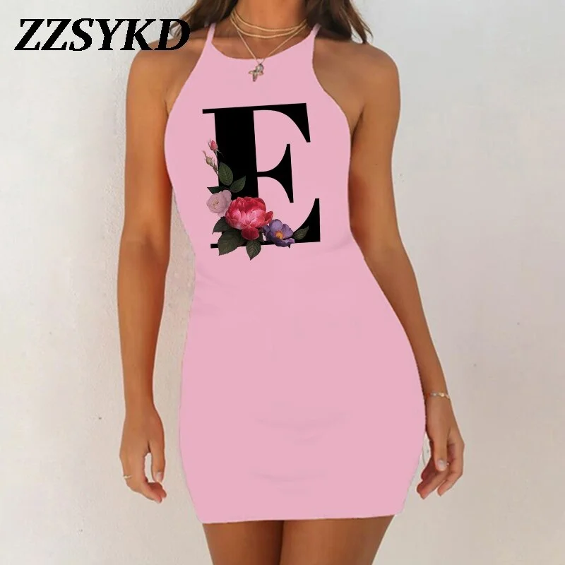 26 English Alphabet Print Summer Sexy Clothes Women Dresses 2020 Plus Size Dress Bodycon Evening Party O-Neck Pink Mini Vestidos