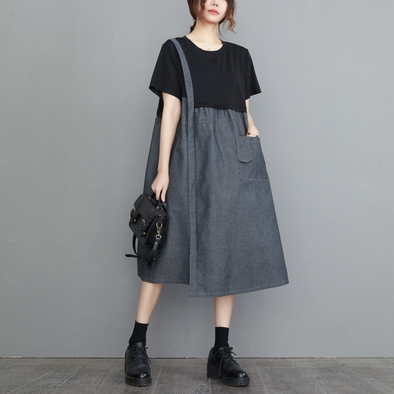 Vintage Splicing Short Sleeve Midi Dress