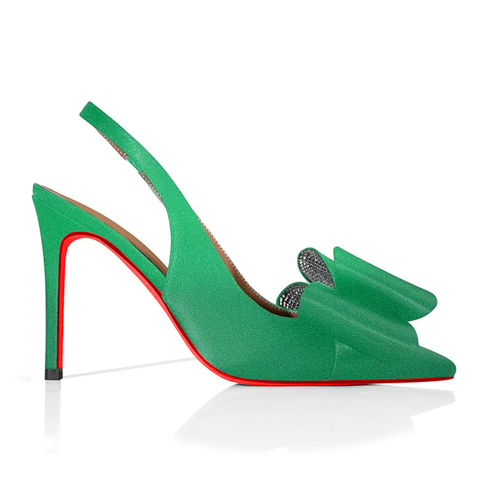 100mm Women's Red Bottom Diamonds Bows Slingback Sandals Design Heels Pointed Toe Stiletto Shoes -MERUMOTE