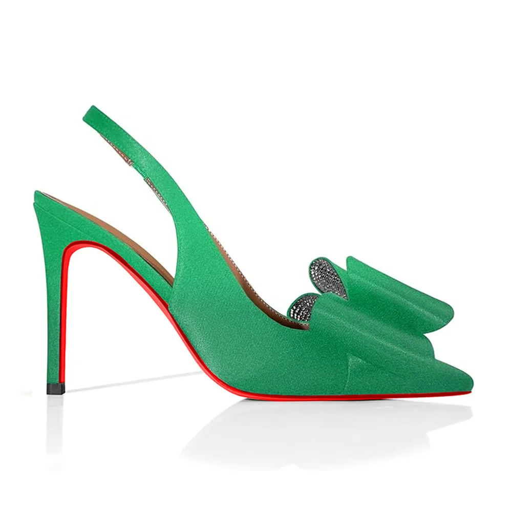 100mm Women's Red Bottom Diamonds Bows Slingback Sandals Design Heels Pointed Toe Stiletto Shoes -MERUMOTE