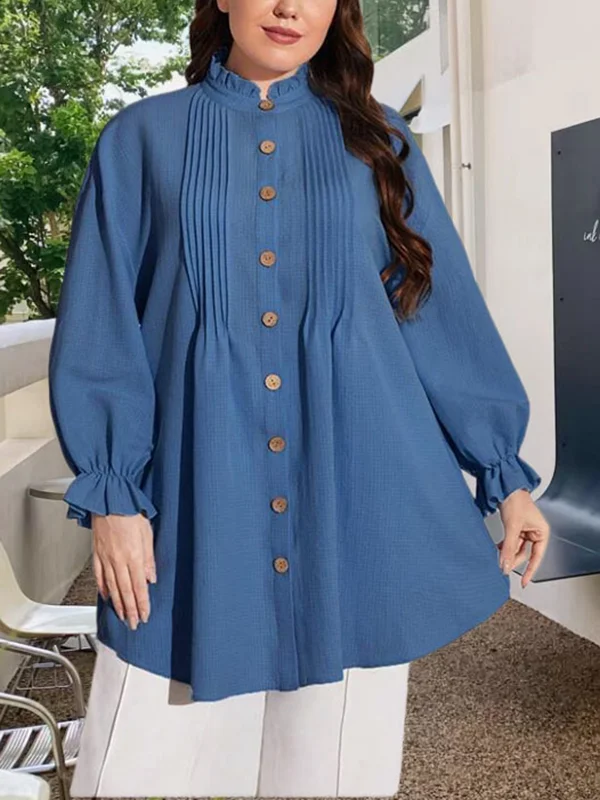 Falbala Pleated Split-Joint Loose Puff Sleeves Stand Collar Blouses