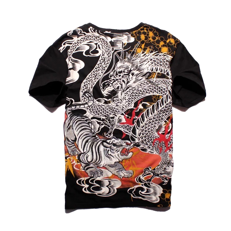Tiger & Dragon Embroidery Japanese Style Ukiyo-e T-shirt