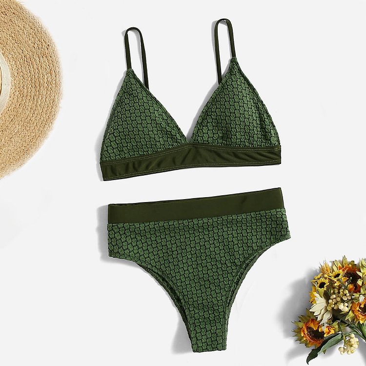Flaxmaker Sexy Straps Plaid Olive Green Bikini Swimsuit