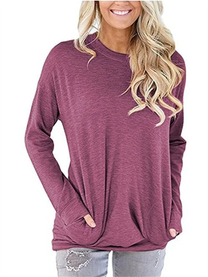 Round Neck Long Sleeve Pocket Solid Color Loose Long Sleeve T-shirt-Cosfine