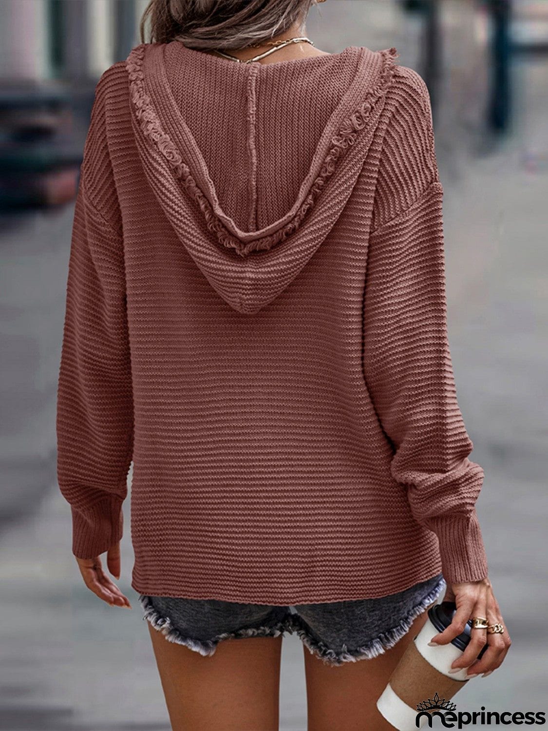 Horizontal Ribbing Hooded Sweater
