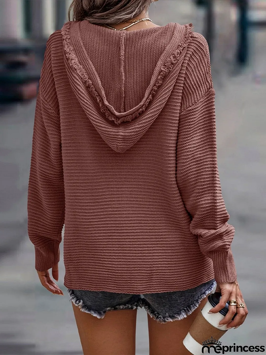 Horizontal Ribbing Hooded Sweater