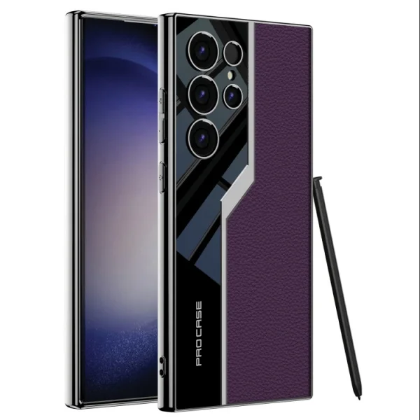 Samsung S24Ultra Mobile Phone Case Electroplated Plain Leather Anti-fall Leather Case