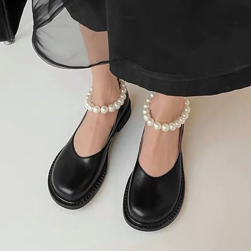 Lucyever Patent Leather Pearl Strap Mary Jane Shoes Woman New Round Toe Low Heels Women Pumps Lovely Girls Cosplay Lolita Shoes