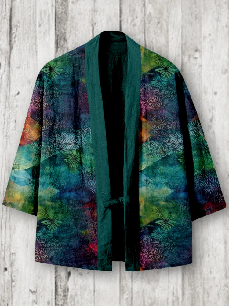 Colorful Japanese Batik Art Linen Blend Kimono Cardigan