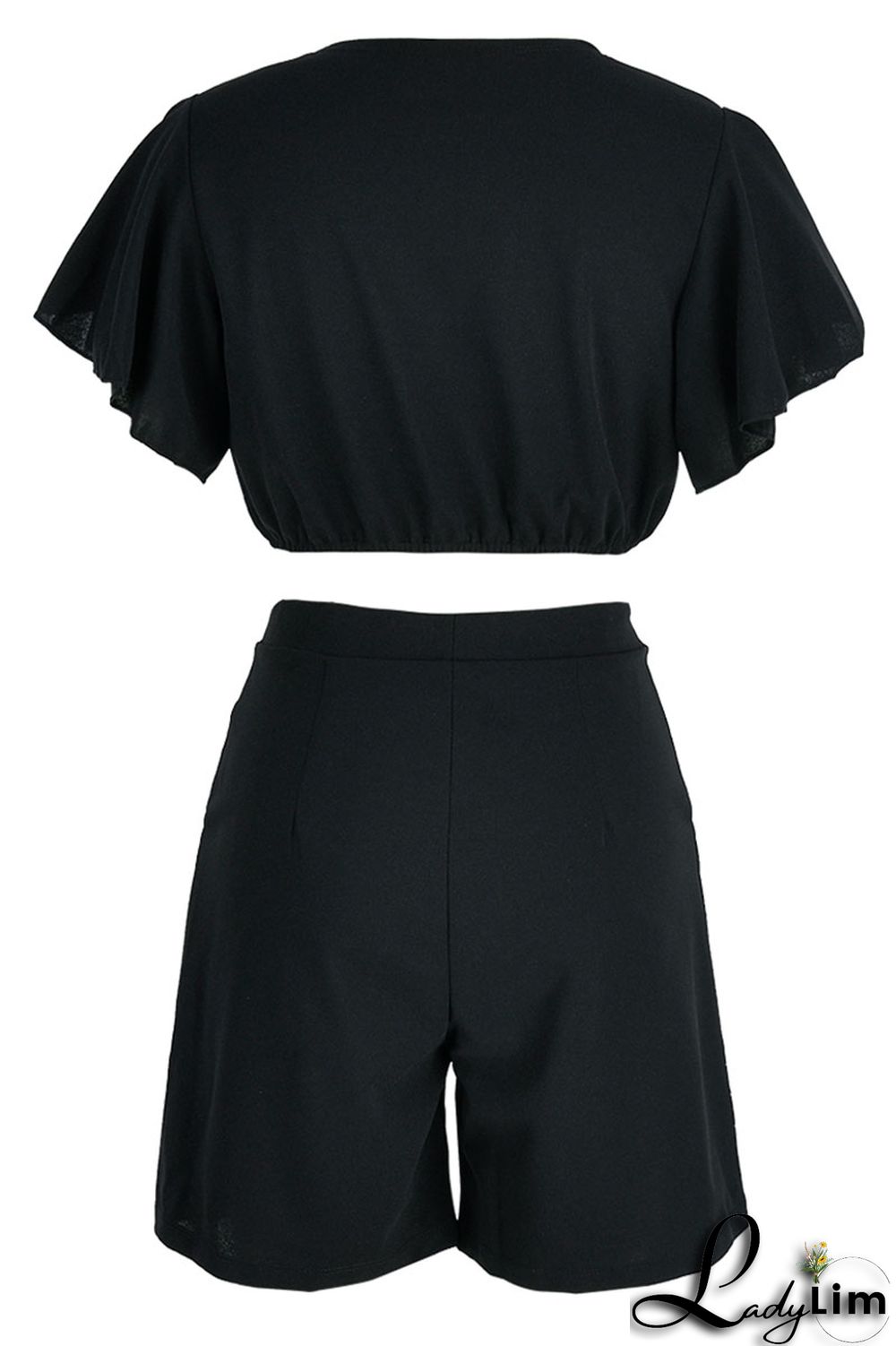 Blue Casual Solid Patchwork Flounce V Neck Short Sleeve Two Pieces