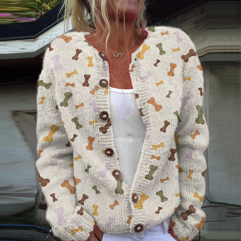 Comstylish Bone Print Long Sleeve Knitted Cardigan
