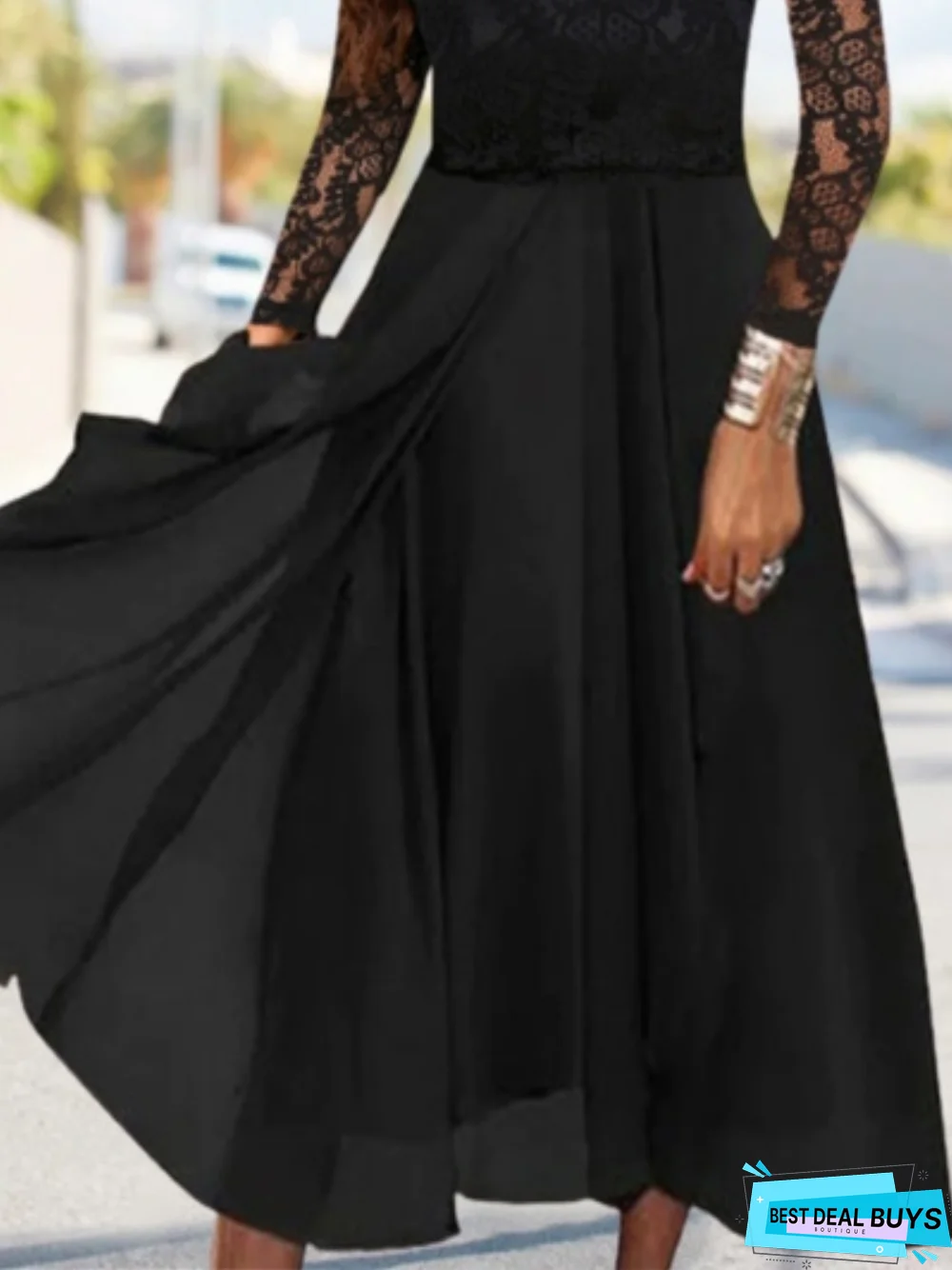 Plain Lace Long Sleeve Crew Neck Party Dress