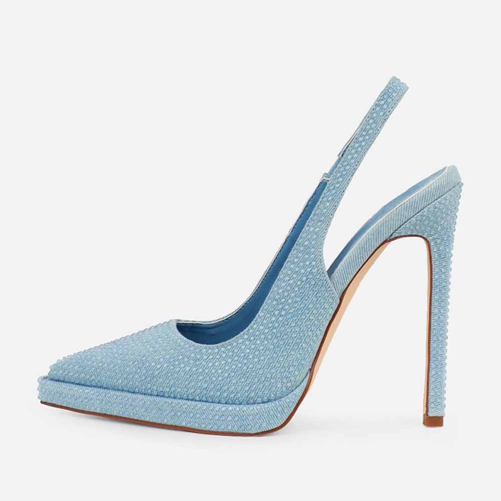 Blue Denim Pointed Toe Stiletto Heel Slingback Platform Pumps Nicepairs