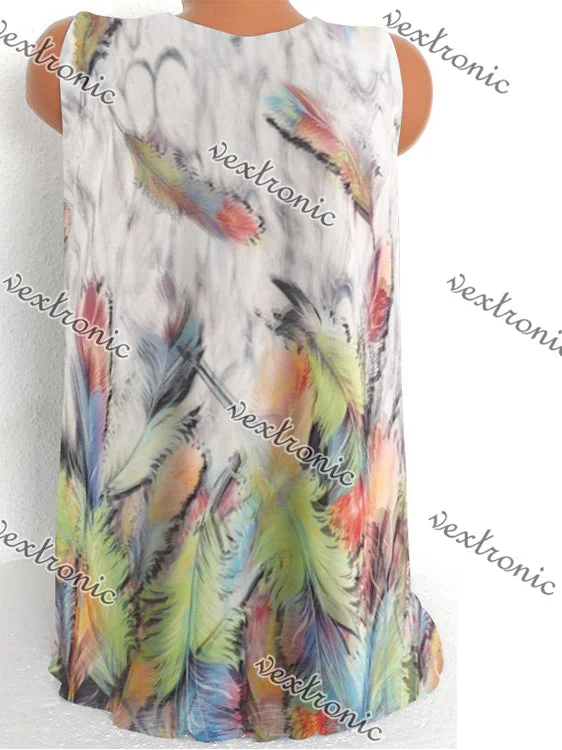 Women Sleeveless V-neck Feather Printed Tops